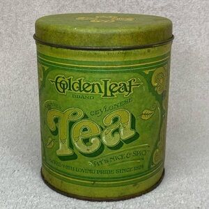 Vintage Ballonhoff Golden Leaf Tea Round Metal Tin Container Green 1977 VTG 70s
